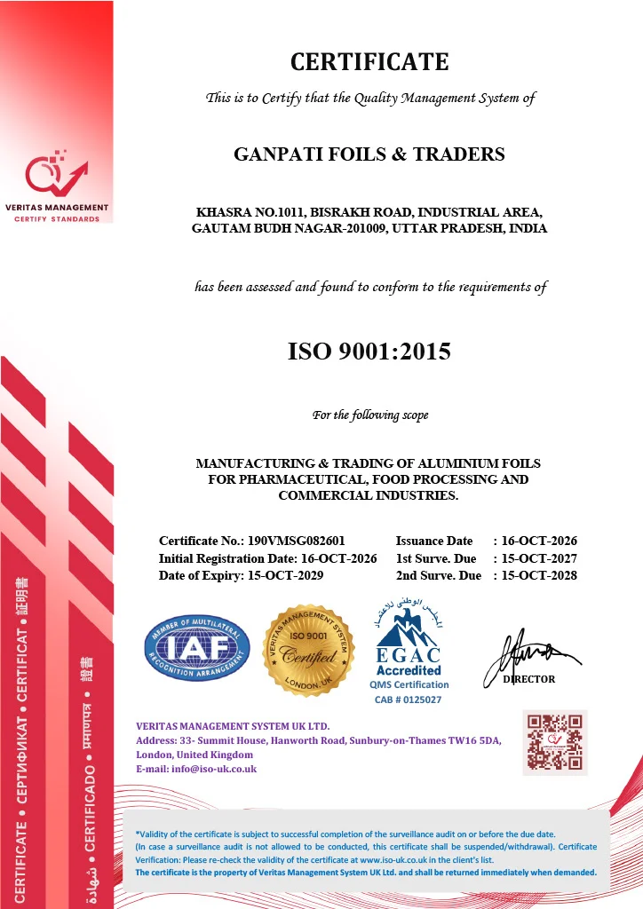 Ganpati Foils ISO 9001:2015 Official Certificate - Veritas Management System UK Ltd